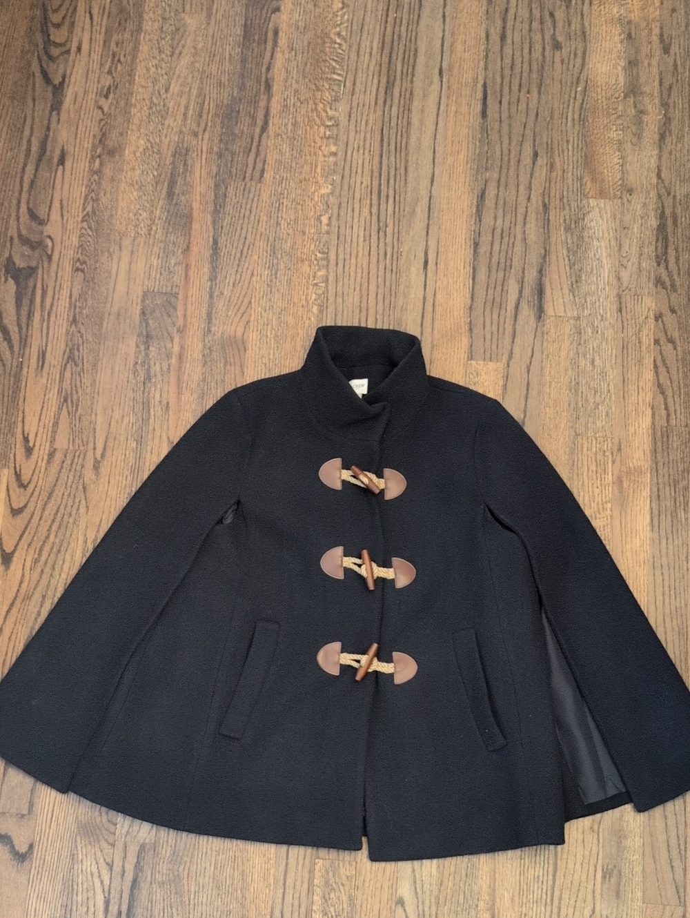 J. Crew Black Wool-Blend Toggle Cape Coat with Tan Accents